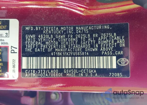 2015 Toyota Camry Xle V6 from USA, damaged, VIN 4T1BK1FK7FU565814